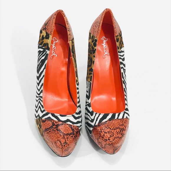 Qupid Animal Print High Heels, Orange, White, 6 - Picture 4 of 9